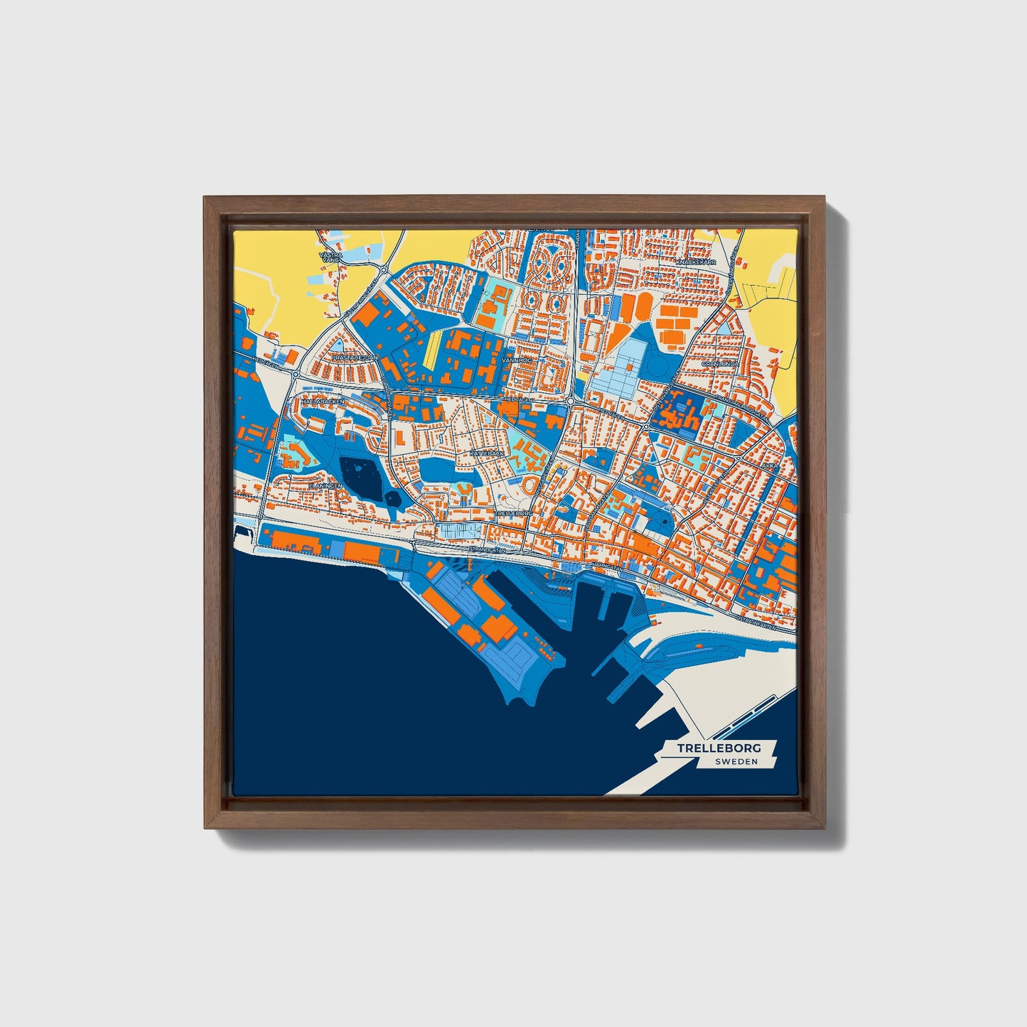 Trelleborg Sweden Colorful City Map Canvas Print • Dark Wooden Framed