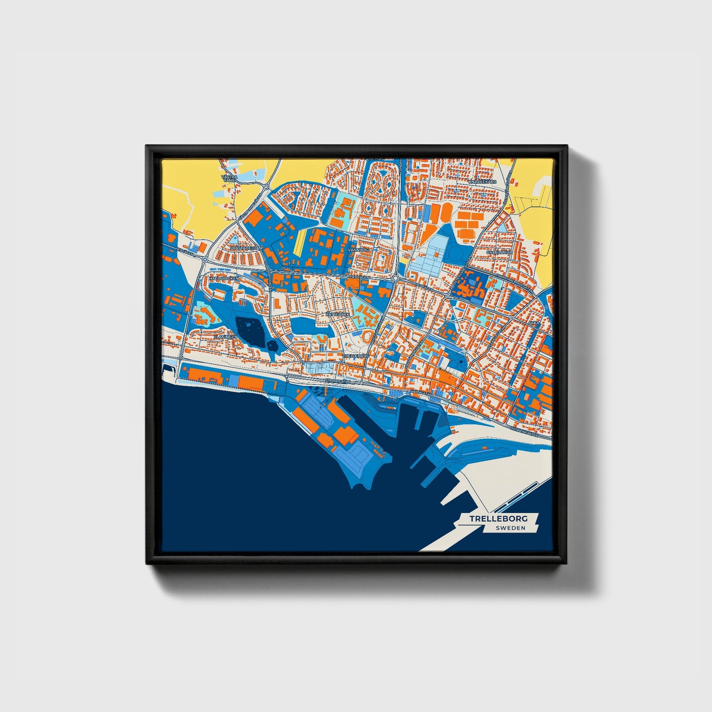 Trelleborg Sweden Colorful City Map Canvas Print • Black Framed