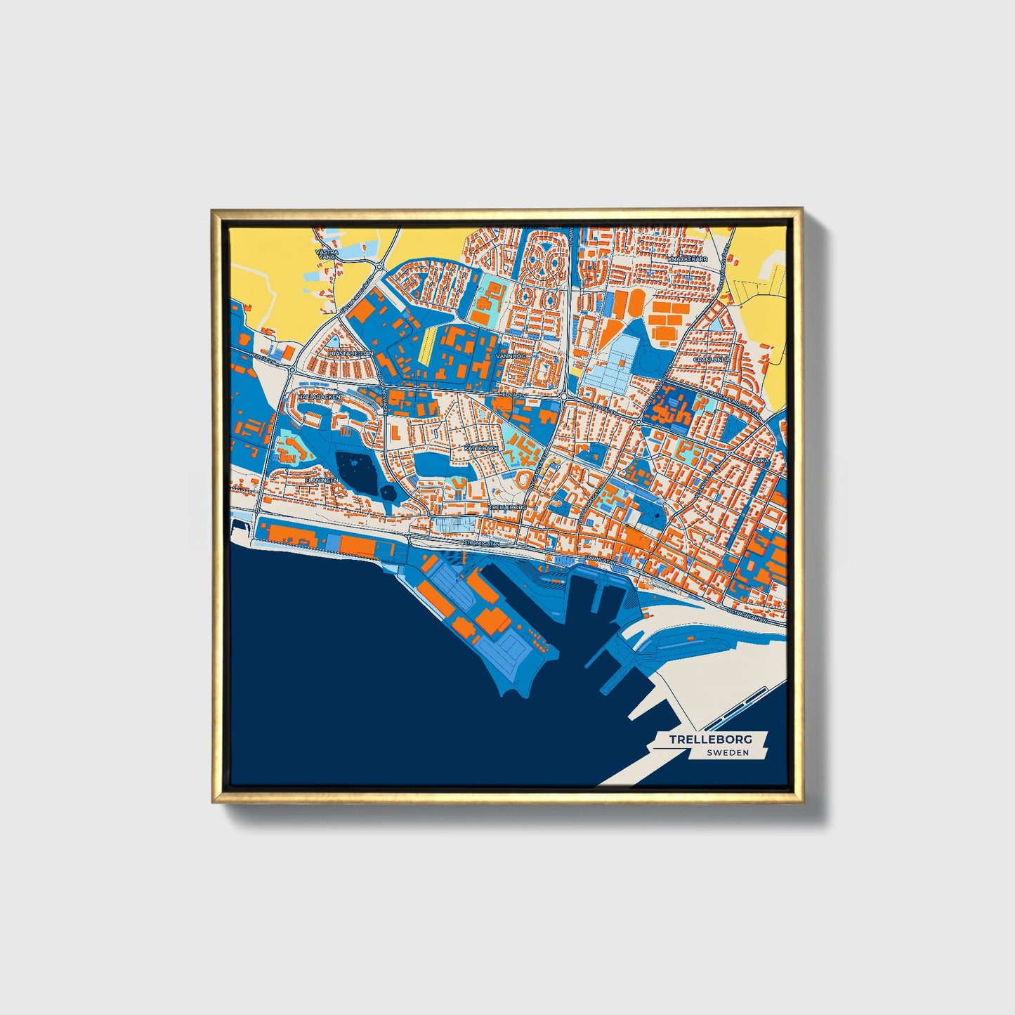 Trelleborg Sweden Colorful City Map Canvas Print • Gold Framed