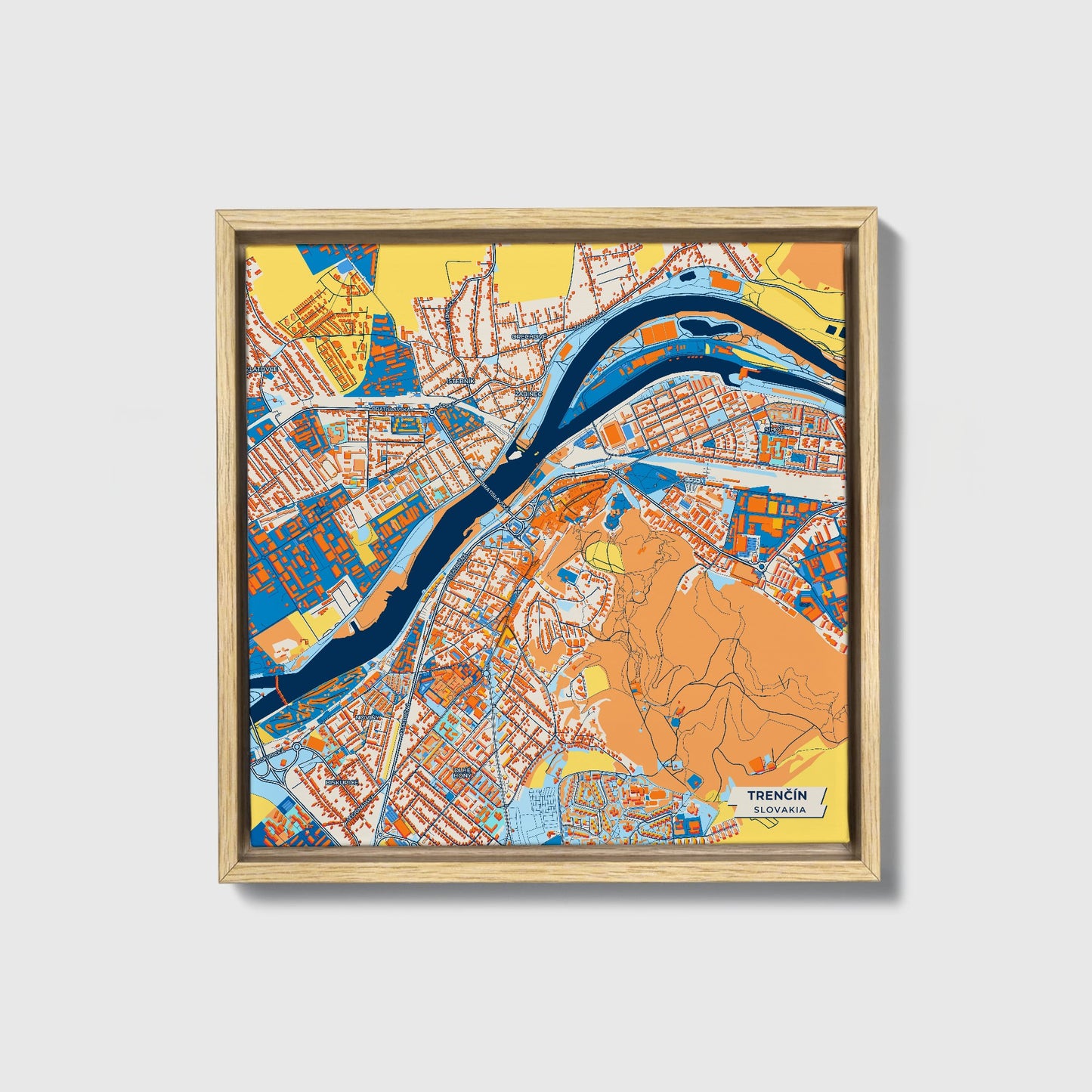 Trenčín Slovakia Colorful City Map Canvas Print • Natural Wooden Framed