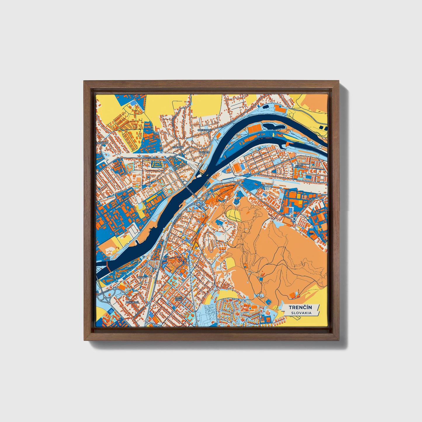 Trenčín Slovakia Colorful City Map Canvas Print • Dark Wooden Framed