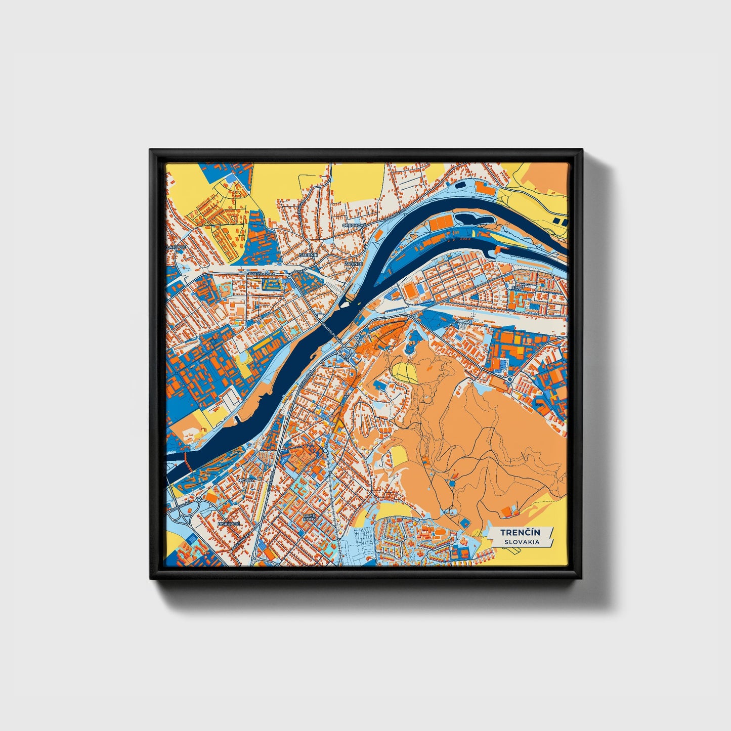 Trenčín Slovakia Colorful City Map Canvas Print • Black Framed