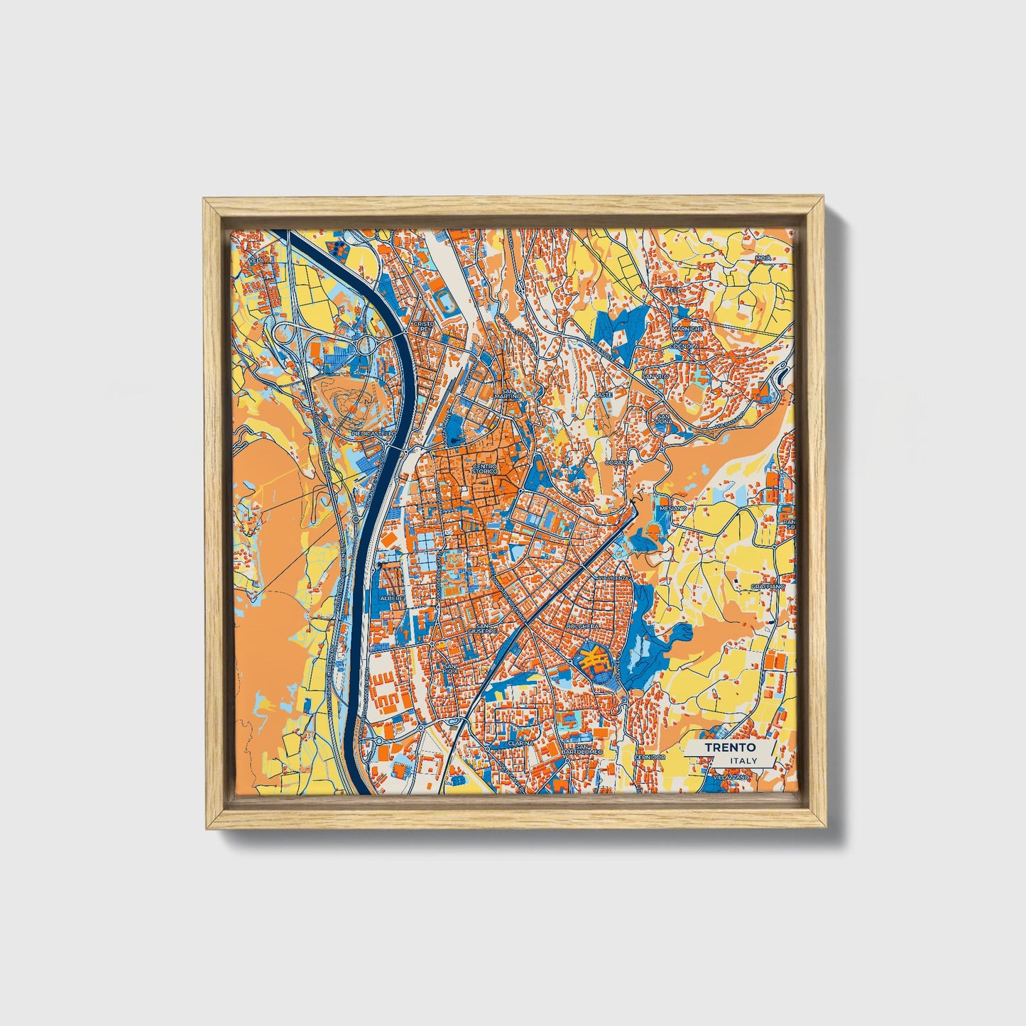Trento Italy Colorful City Map Canvas Print • Natural Wooden Framed