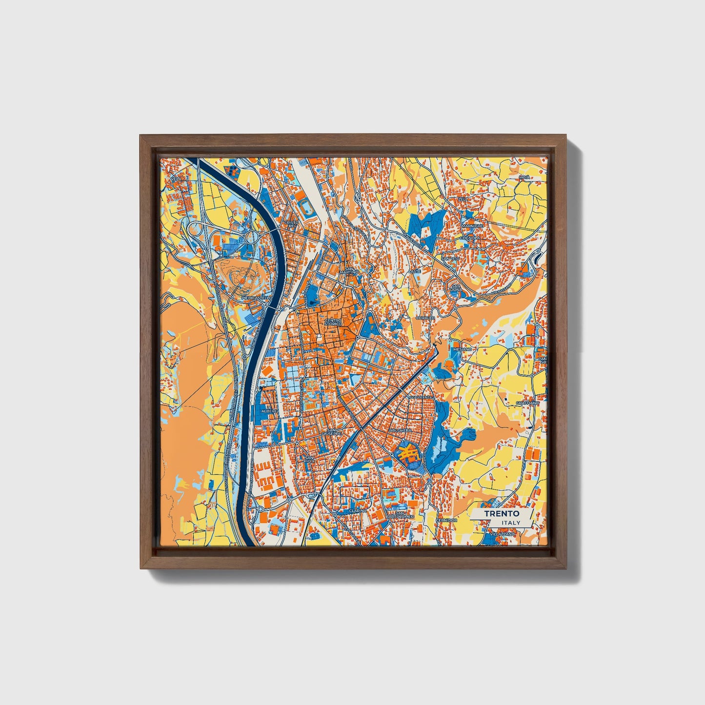 Trento Italy Colorful City Map Canvas Print • Dark Wooden Framed