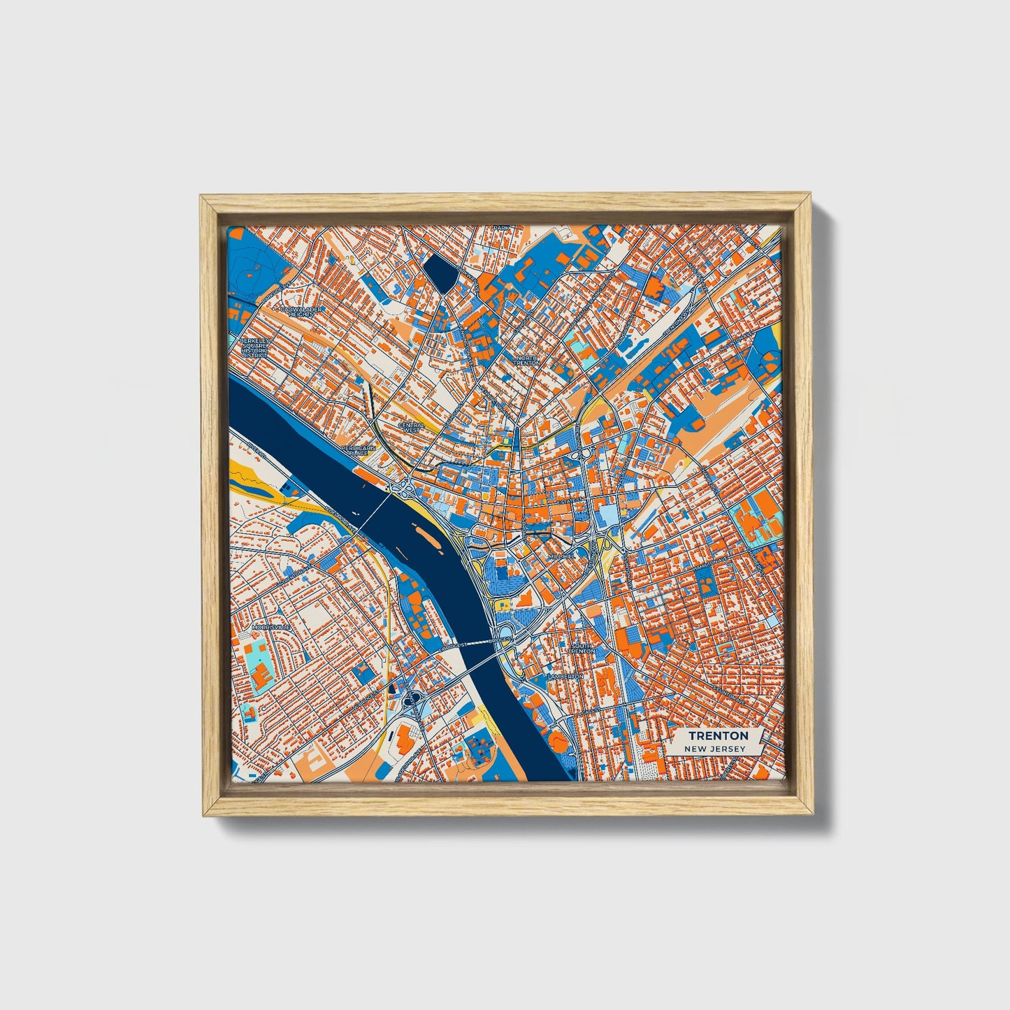Trenton New Jersey Colorful City Map Canvas Print • Natural Wooden Framed