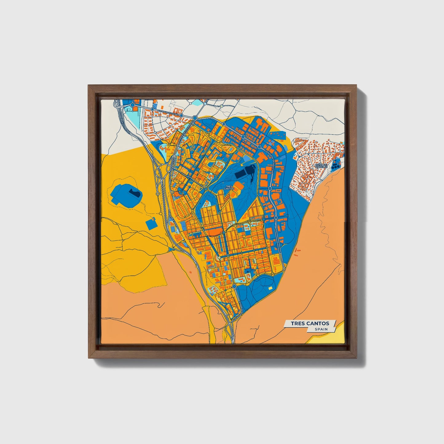 Tres Cantos Spain Colorful City Map Canvas Print • Dark Wooden Framed