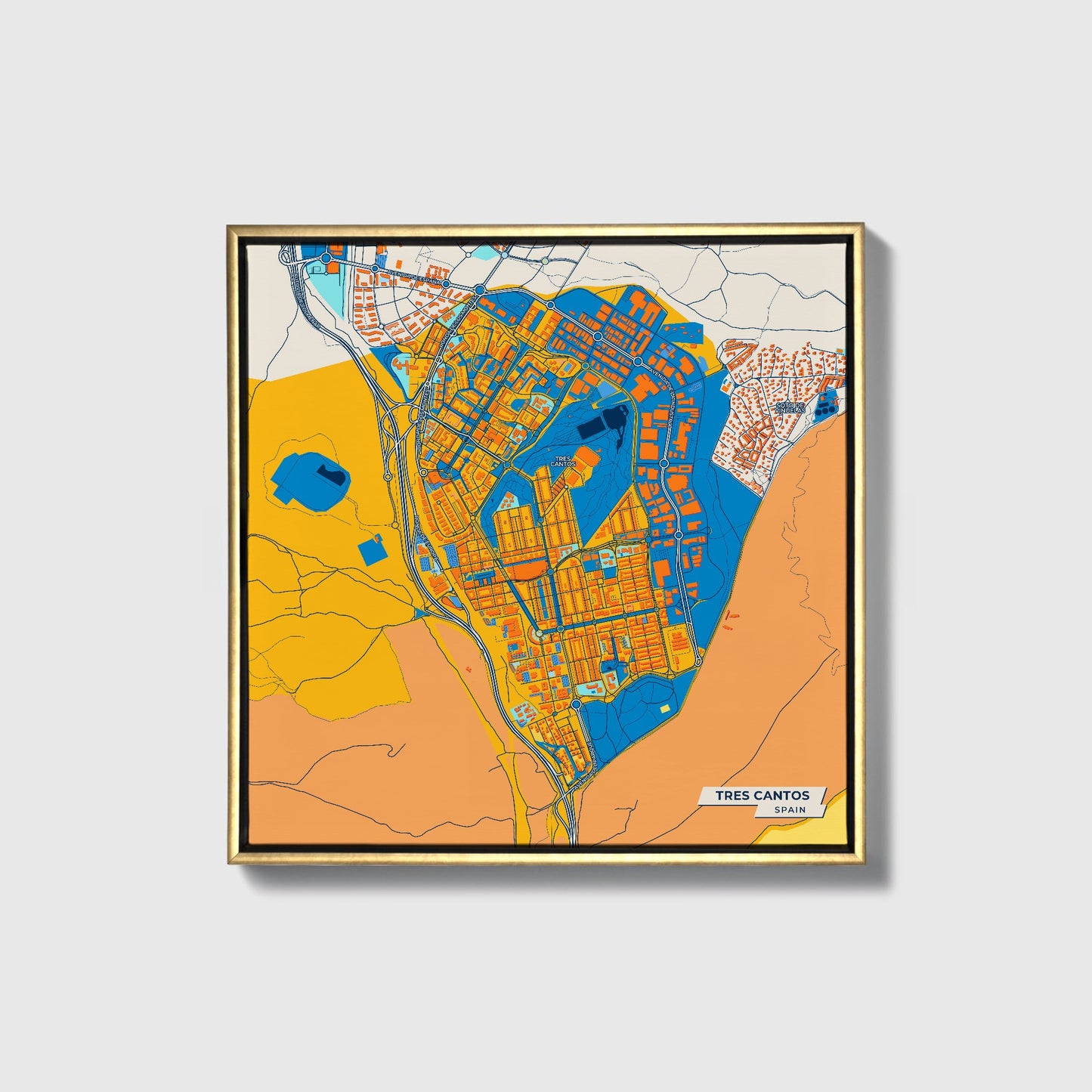 Tres Cantos Spain Colorful City Map Canvas Print • Gold Framed
