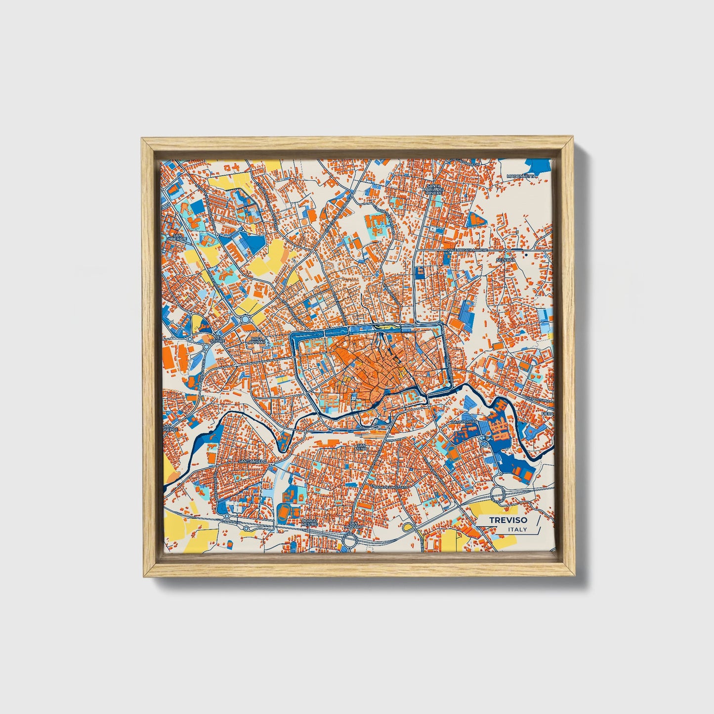Treviso Italy Colorful City Map Canvas Print • Natural Wooden Framed