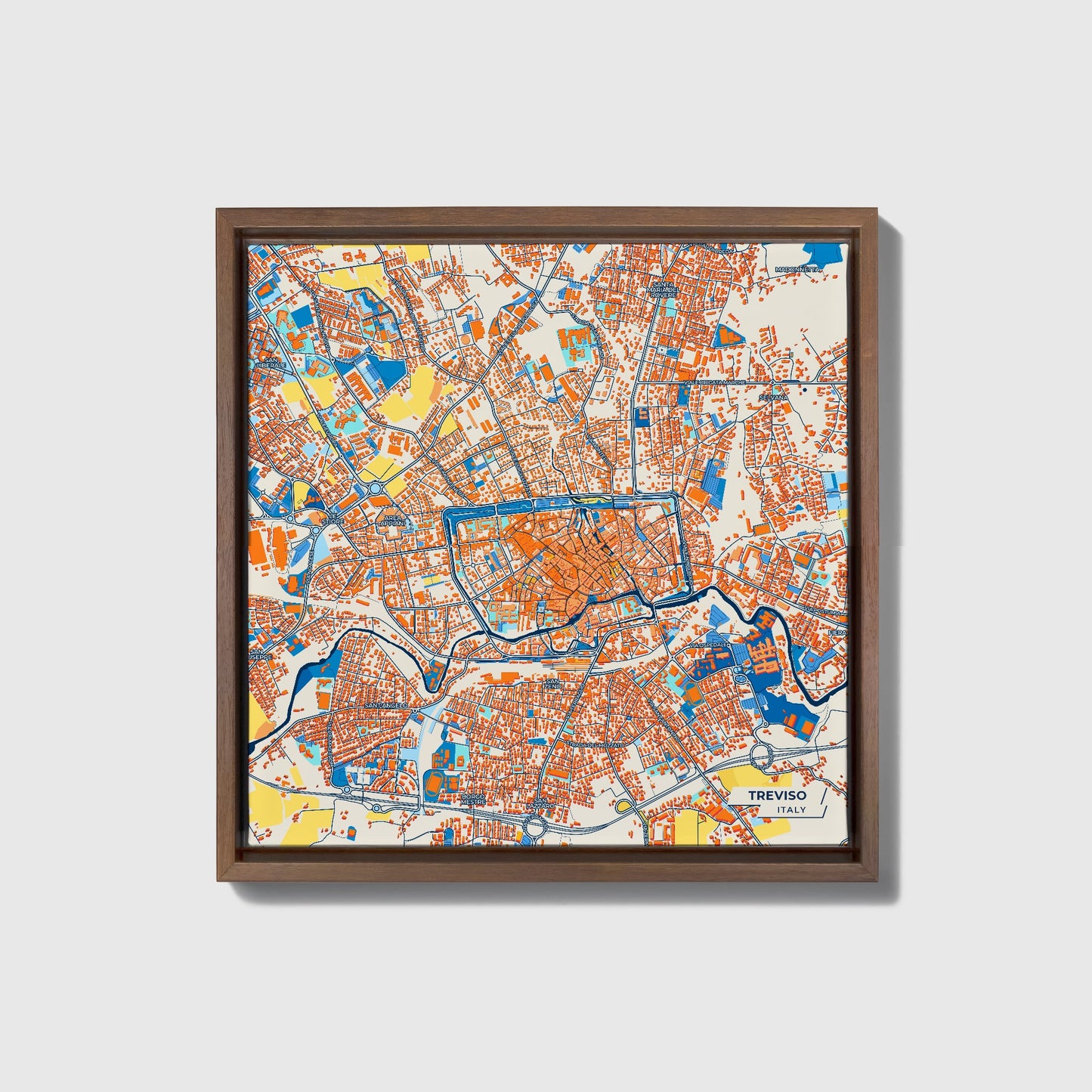 Treviso Italy Colorful City Map Canvas Print • Dark Wooden Framed