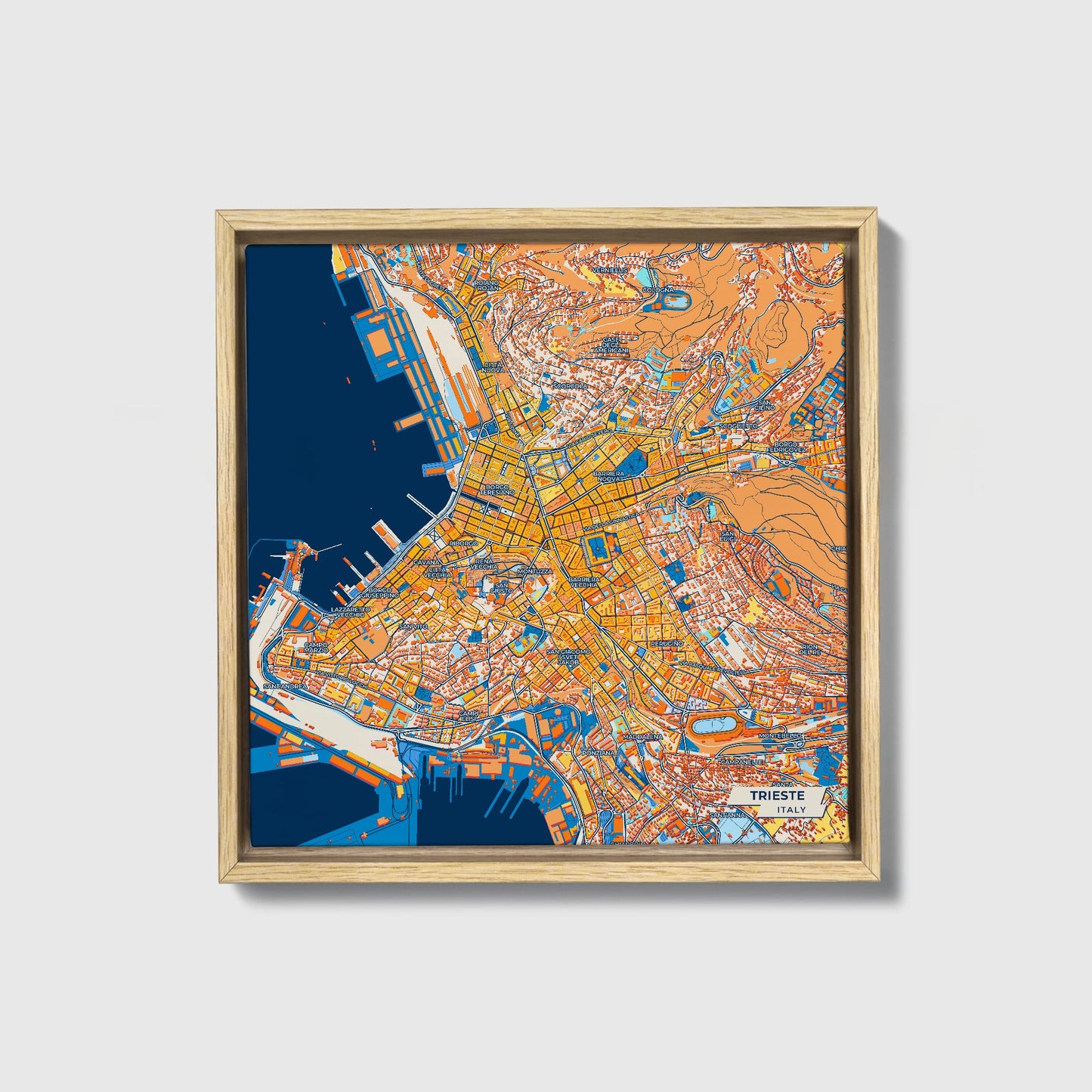 Trieste  Italy Colorful City Map Canvas Print • Natural Wooden Framed