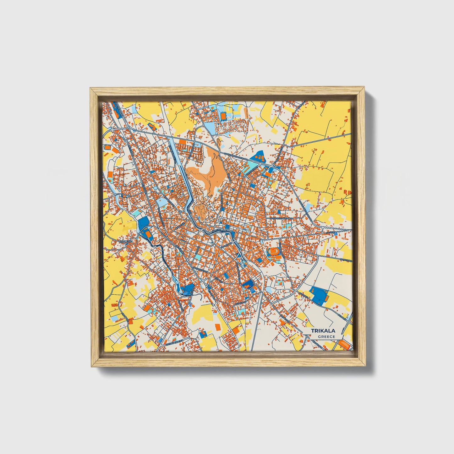 Τρικαλα Greece Colorful City Map Canvas Print • Natural Wooden Framed