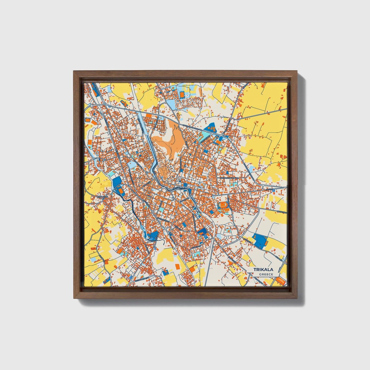 Τρικαλα Greece Colorful City Map Canvas Print • Dark Wooden Framed