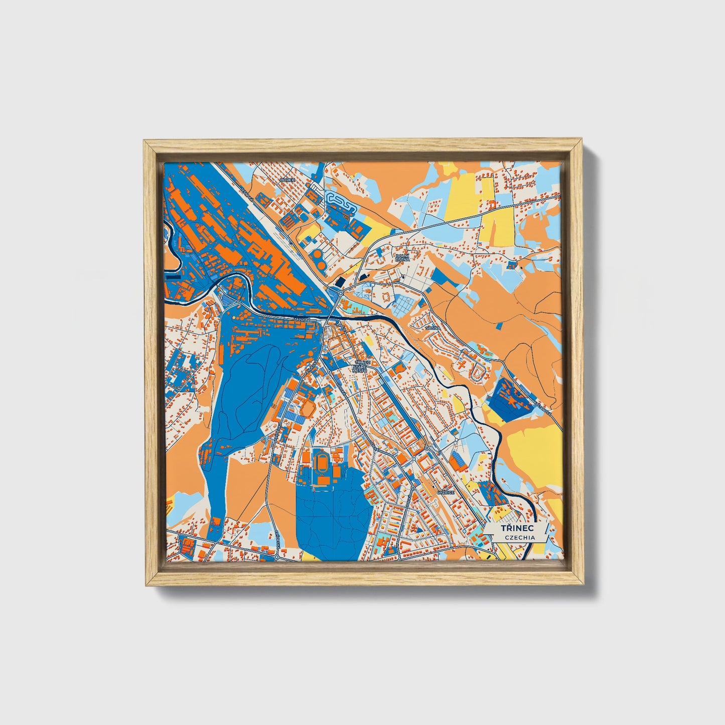 Třinec Czechia Colorful City Map Canvas Print • Natural Wooden Framed