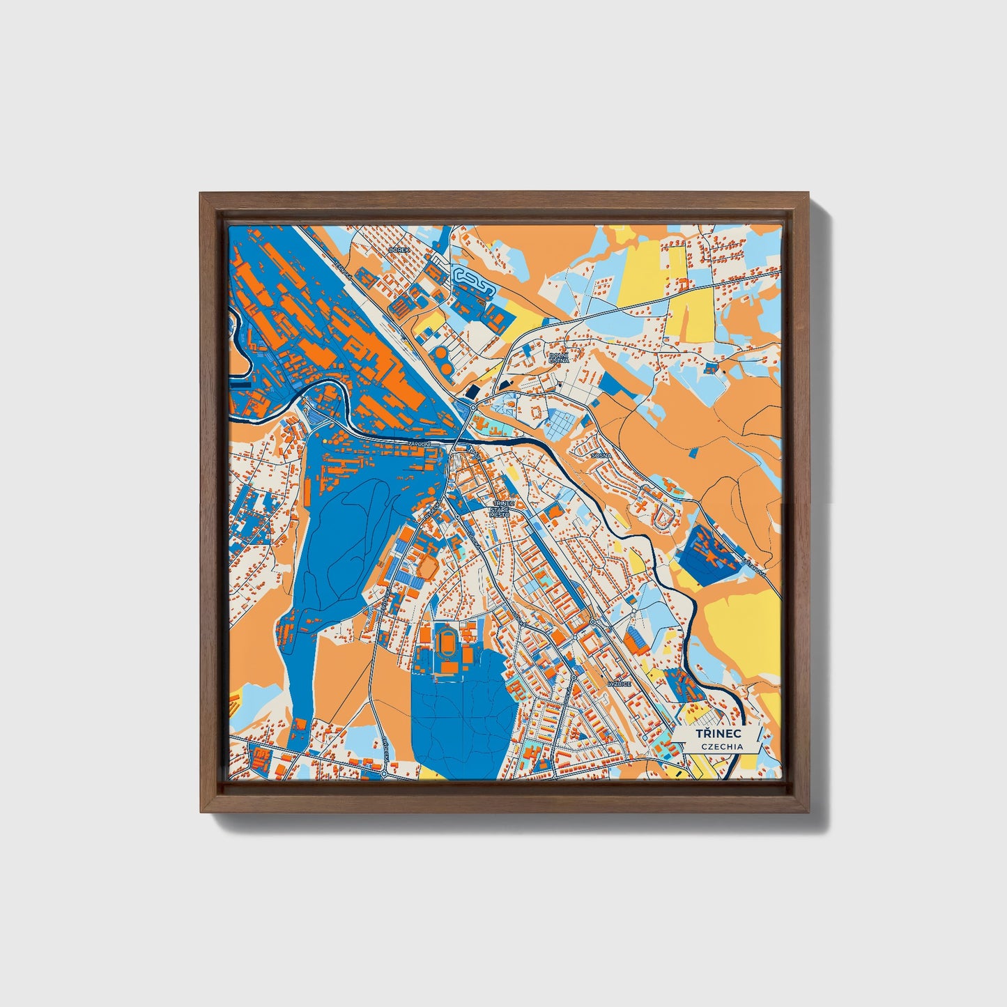 Třinec Czechia Colorful City Map Canvas Print • Dark Wooden Framed