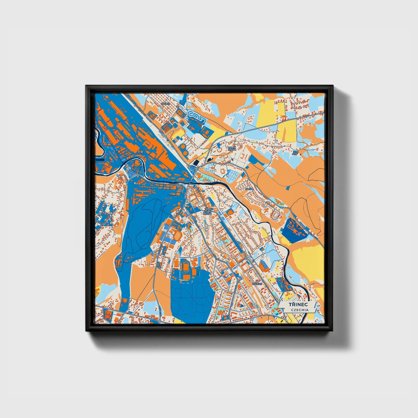 Třinec Czechia Colorful City Map Canvas Print • Black Framed