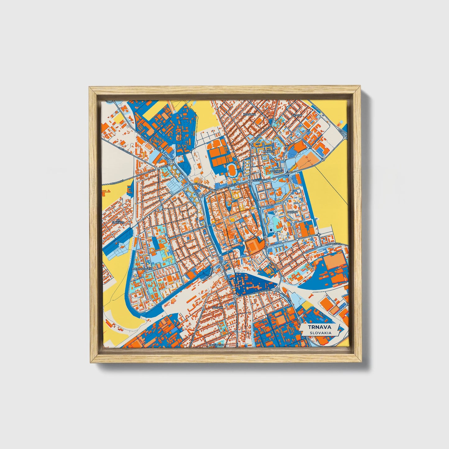Trnava Slovakia Colorful City Map Canvas Print • Natural Wooden Framed