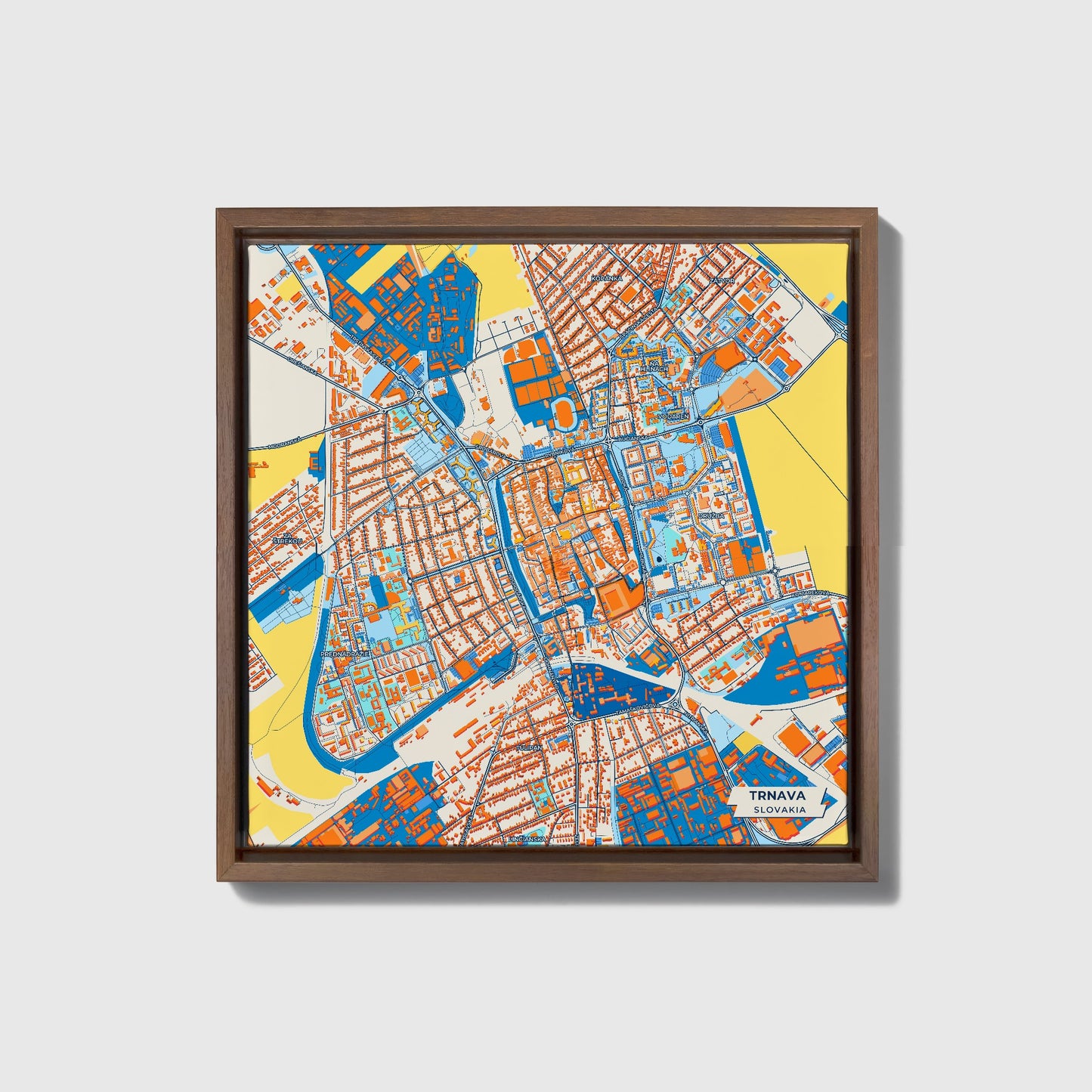 Trnava Slovakia Colorful City Map Canvas Print • Dark Wooden Framed