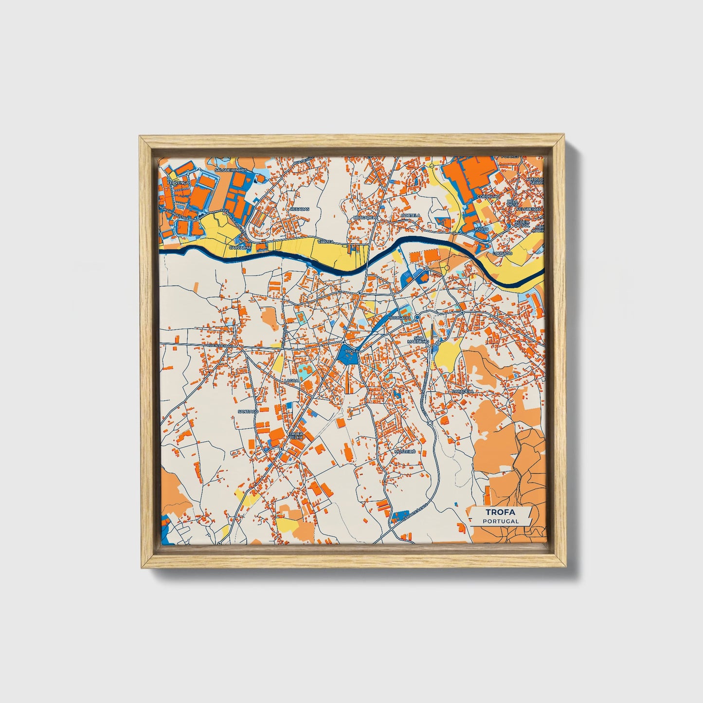 Trofa Portugal Colorful City Map Canvas Print • Natural Wooden Framed