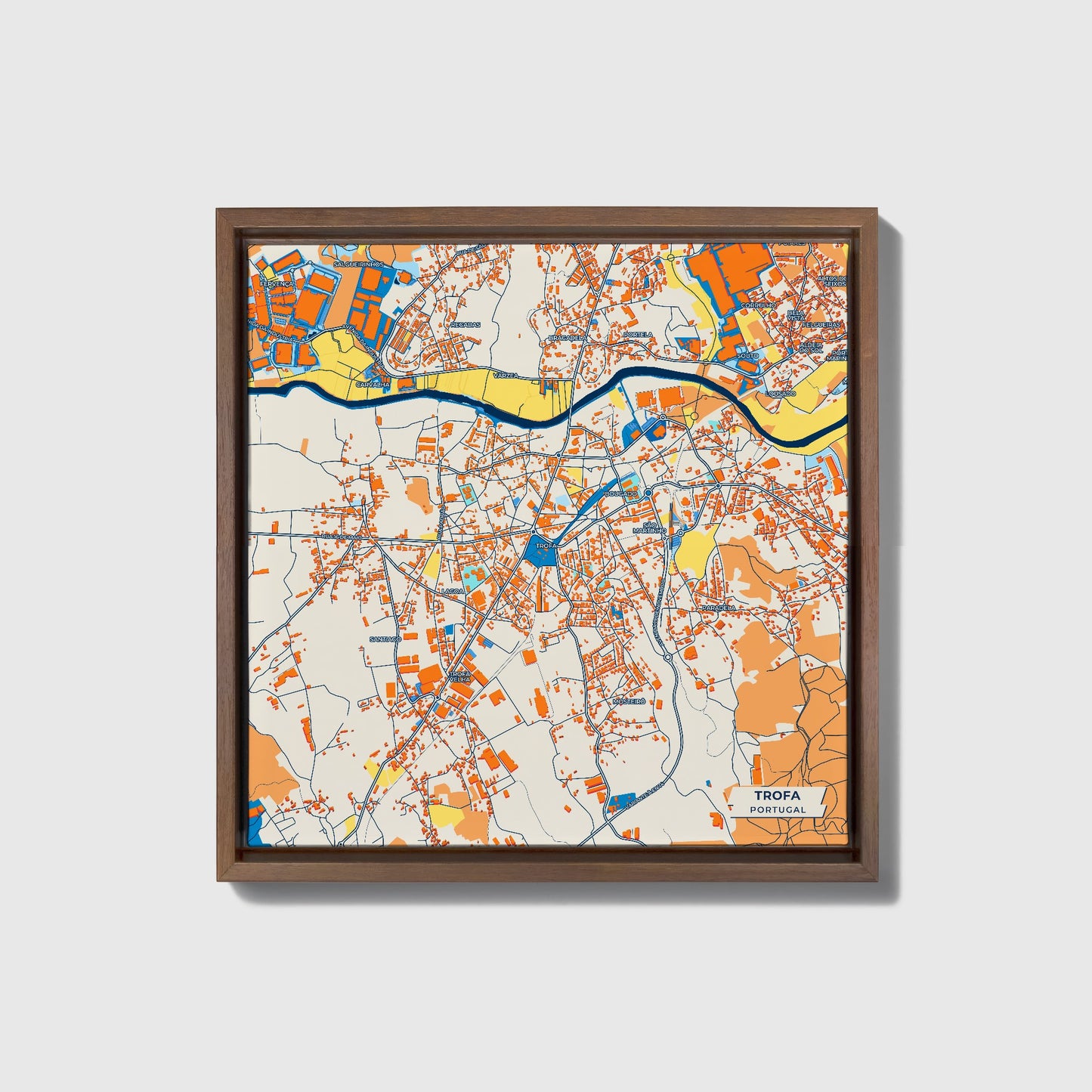 Trofa Portugal Colorful City Map Canvas Print • Dark Wooden Framed