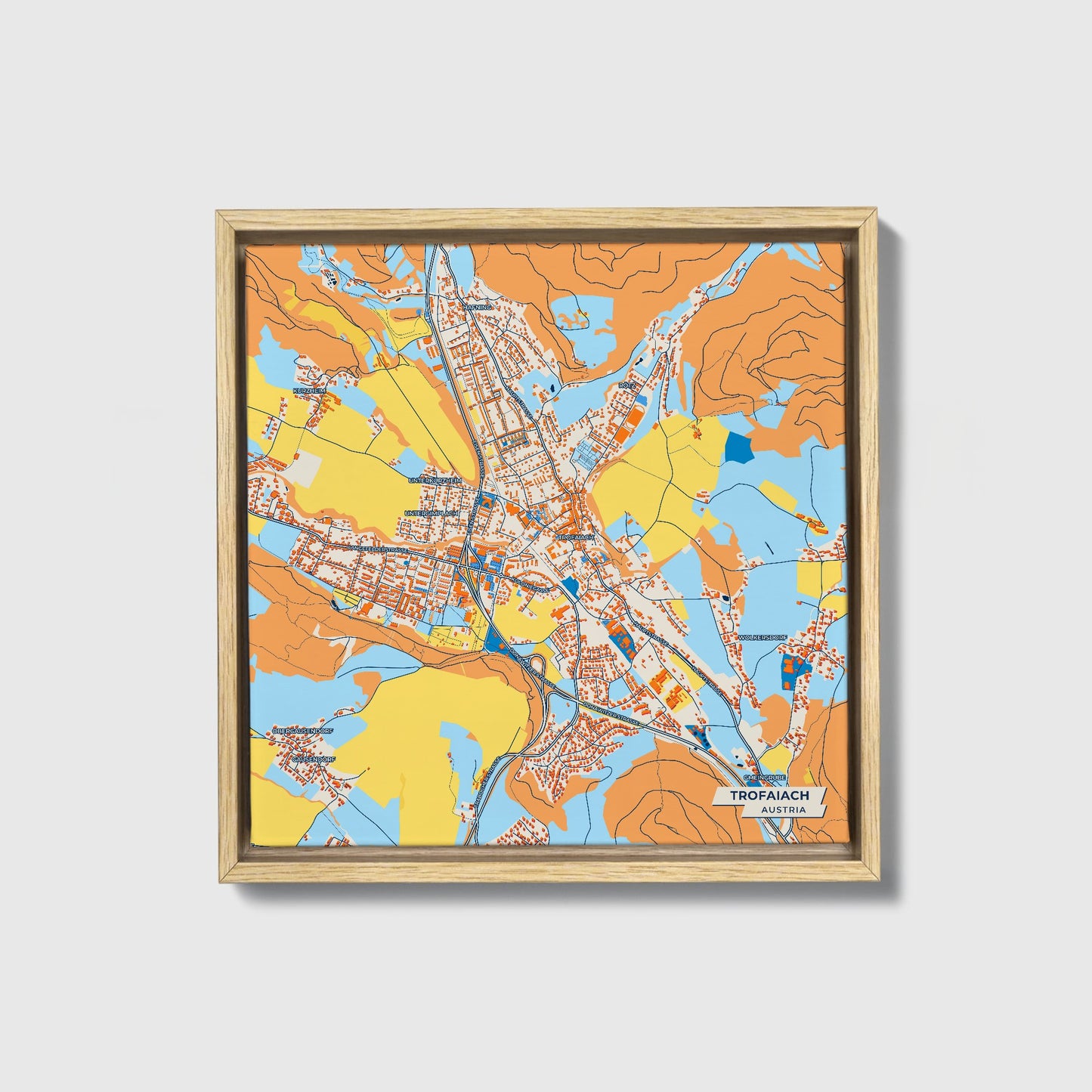 Trofaiach Austria Colorful City Map Canvas Print • Natural Wooden Framed