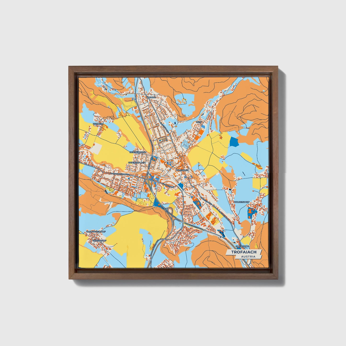 Trofaiach Austria Colorful City Map Canvas Print • Dark Wooden Framed