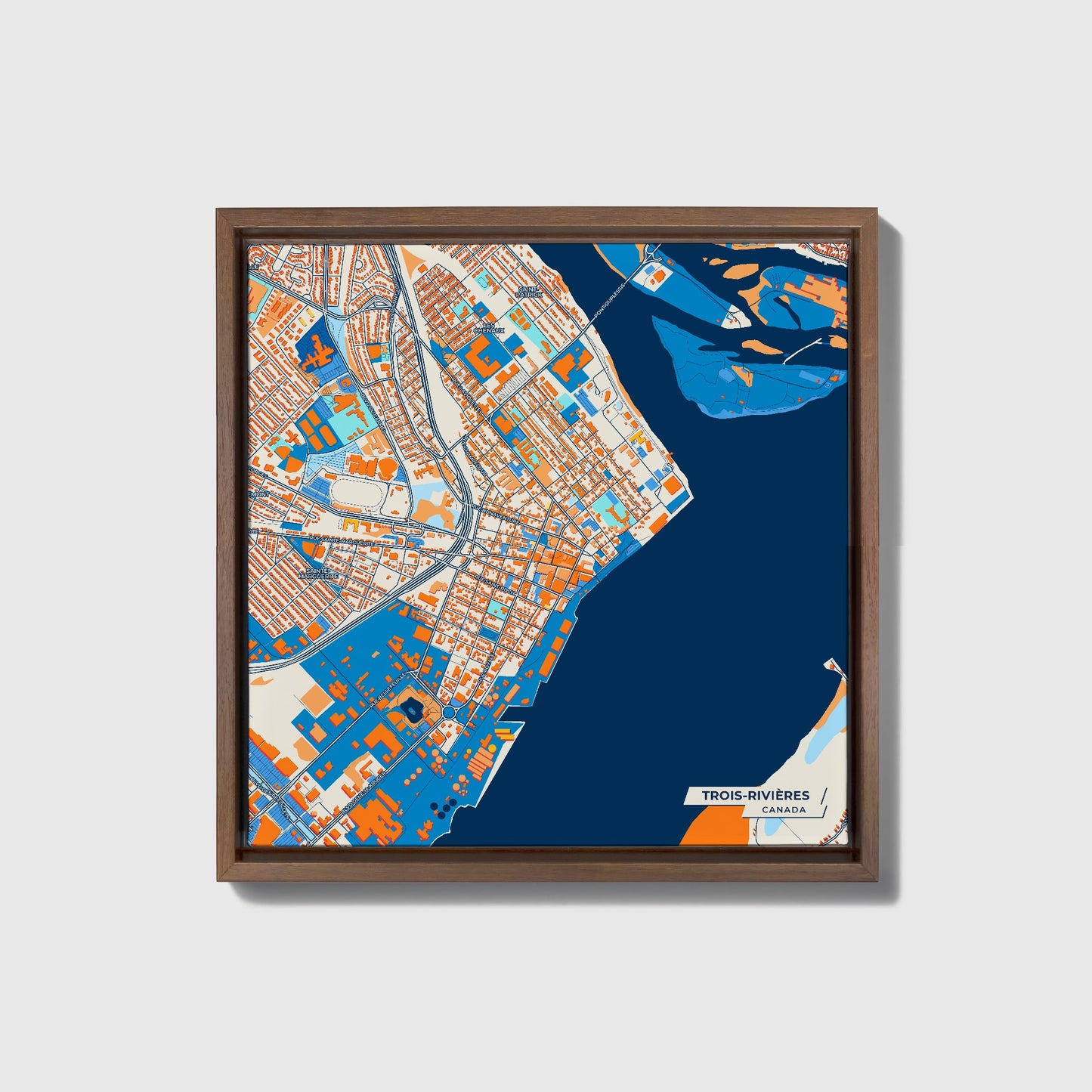 Trois-Rivières Canada Colorful City Map Canvas Print • Dark Wooden Framed