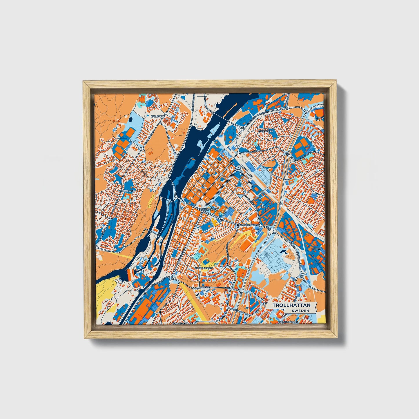 Trollhättan Sweden Colorful City Map Canvas Print • Natural Wooden Framed