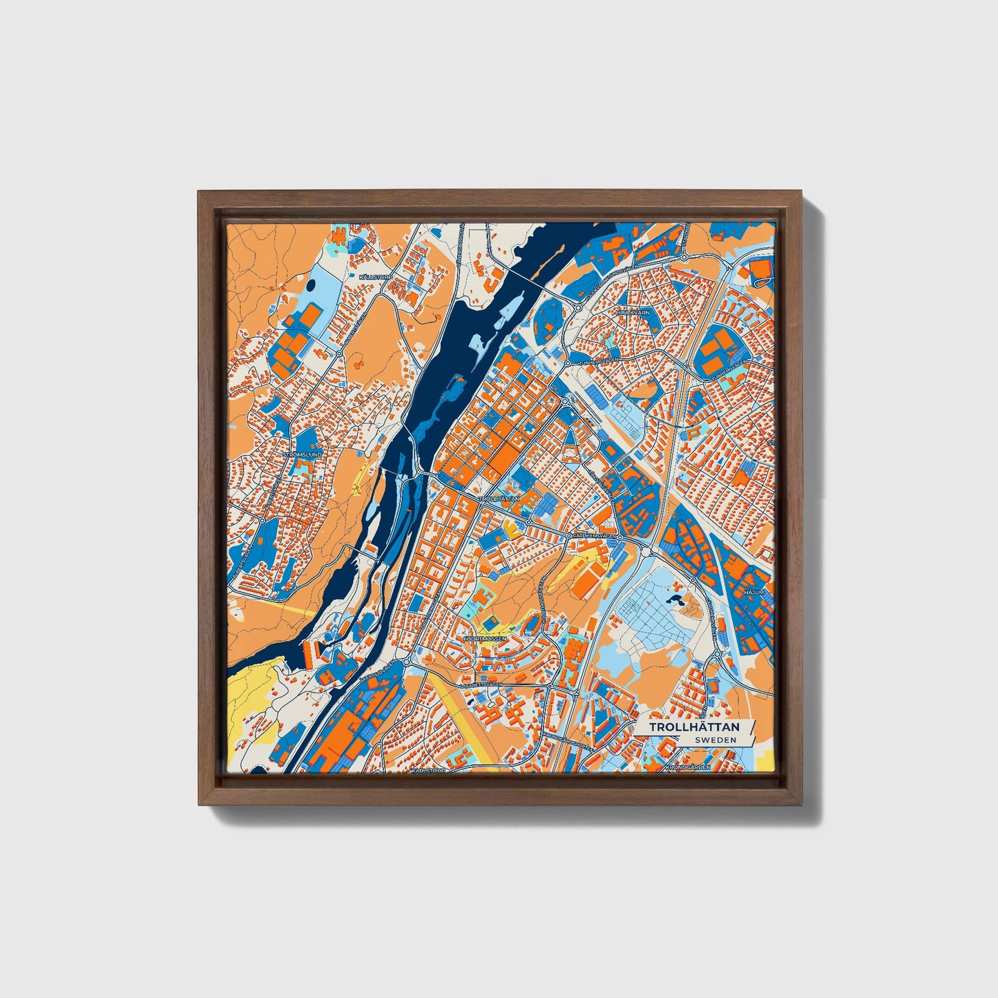 Trollhättan Sweden Colorful City Map Canvas Print • Dark Wooden Framed