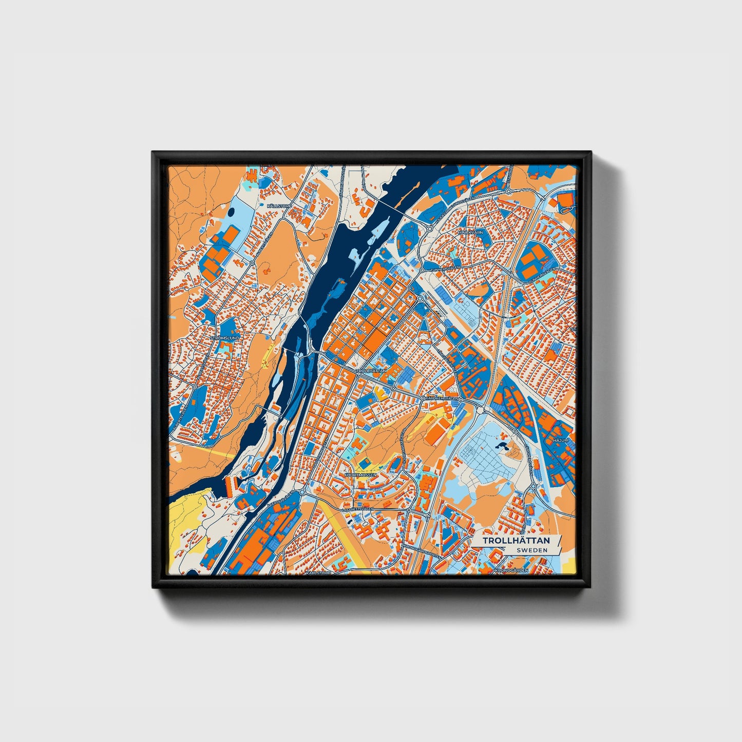 Trollhättan Sweden Colorful City Map Canvas Print • Black Framed
