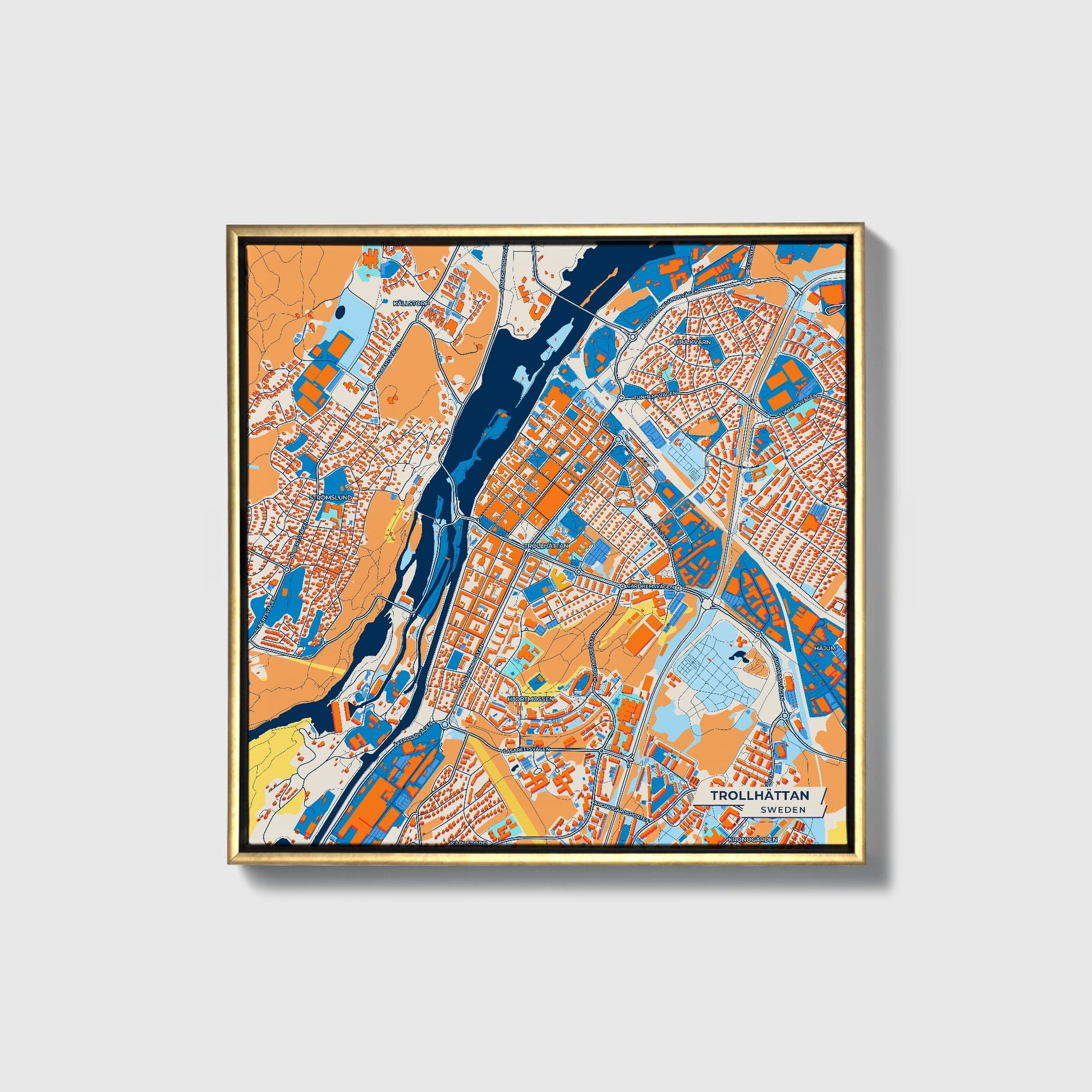 Trollhättan Sweden Colorful City Map Canvas Print • Gold Framed