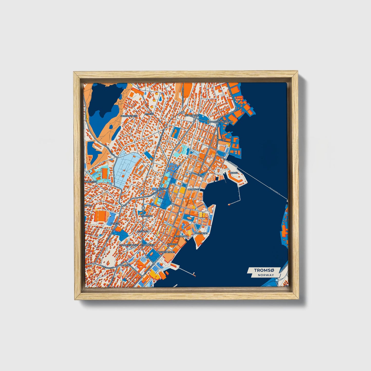 Tromsø Norway Colorful City Map Canvas Print • Natural Wooden Framed