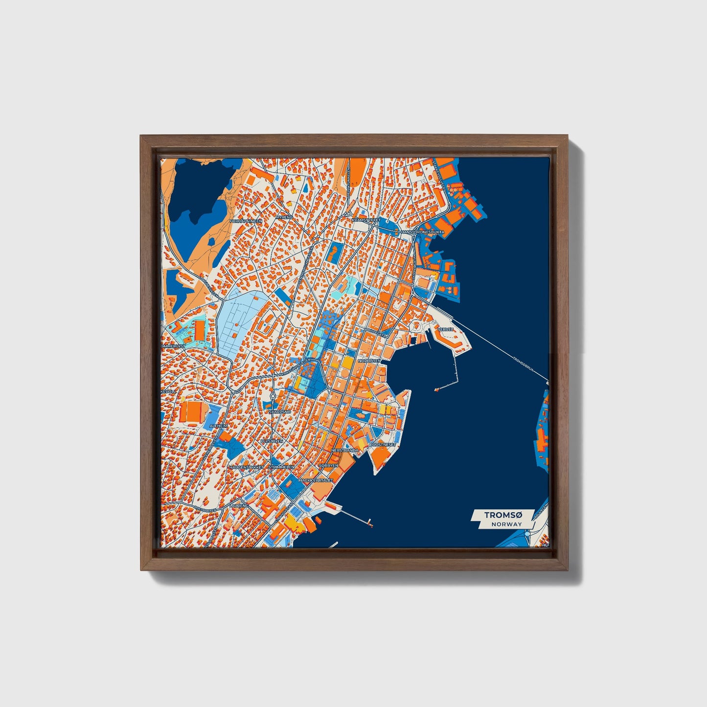 Tromsø Norway Colorful City Map Canvas Print • Dark Wooden Framed
