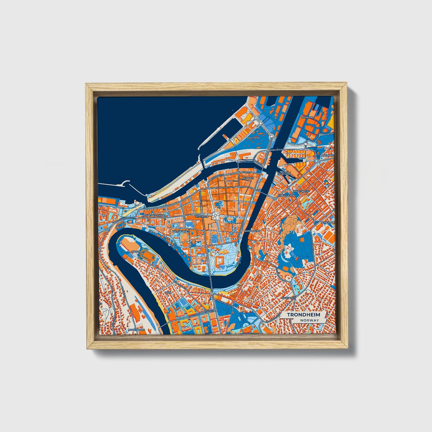 Trondheim Norway Colorful City Map Canvas Print • Natural Wooden Framed
