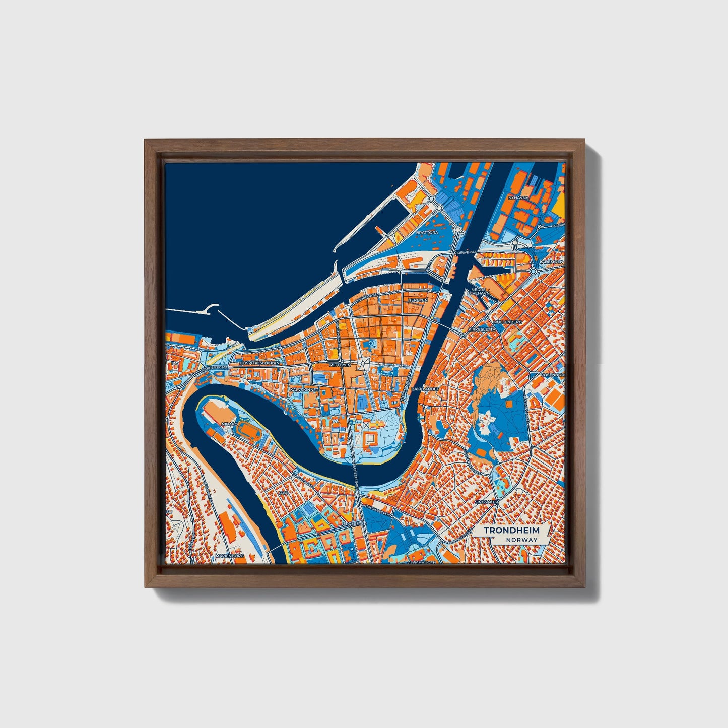Trondheim Norway Colorful City Map Canvas Print • Dark Wooden Framed