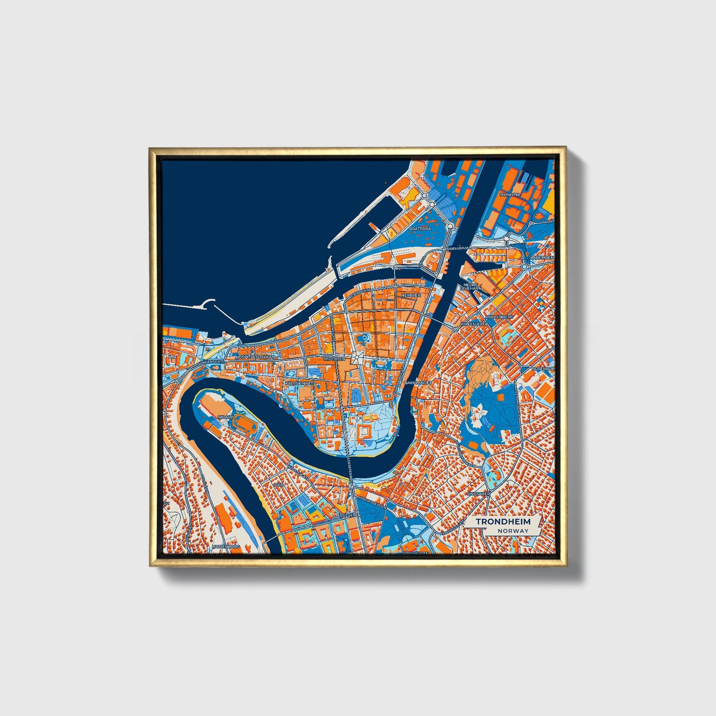 Trondheim Norway Colorful City Map Canvas Print • Gold Framed