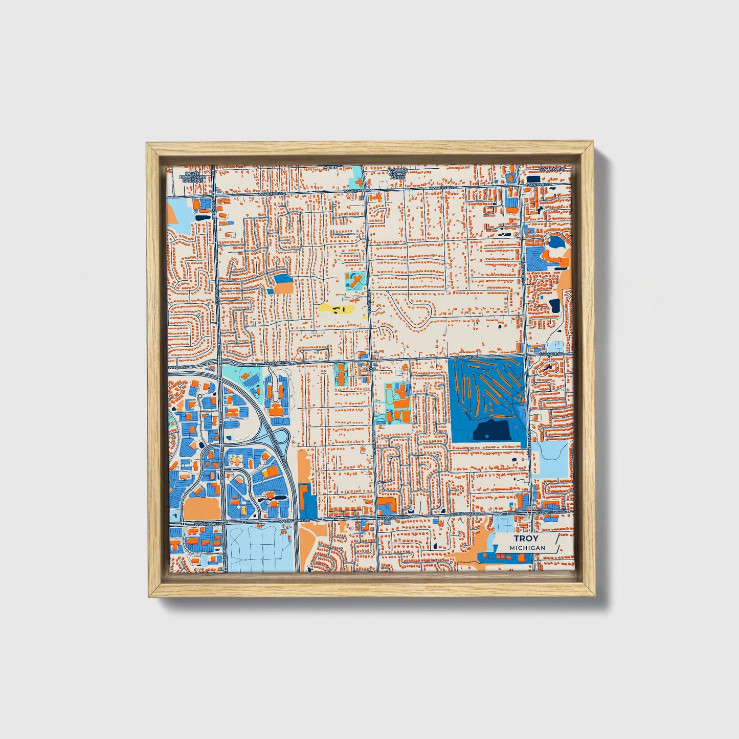Troy Michigan Colorful City Map Canvas Print • Natural Wooden Framed