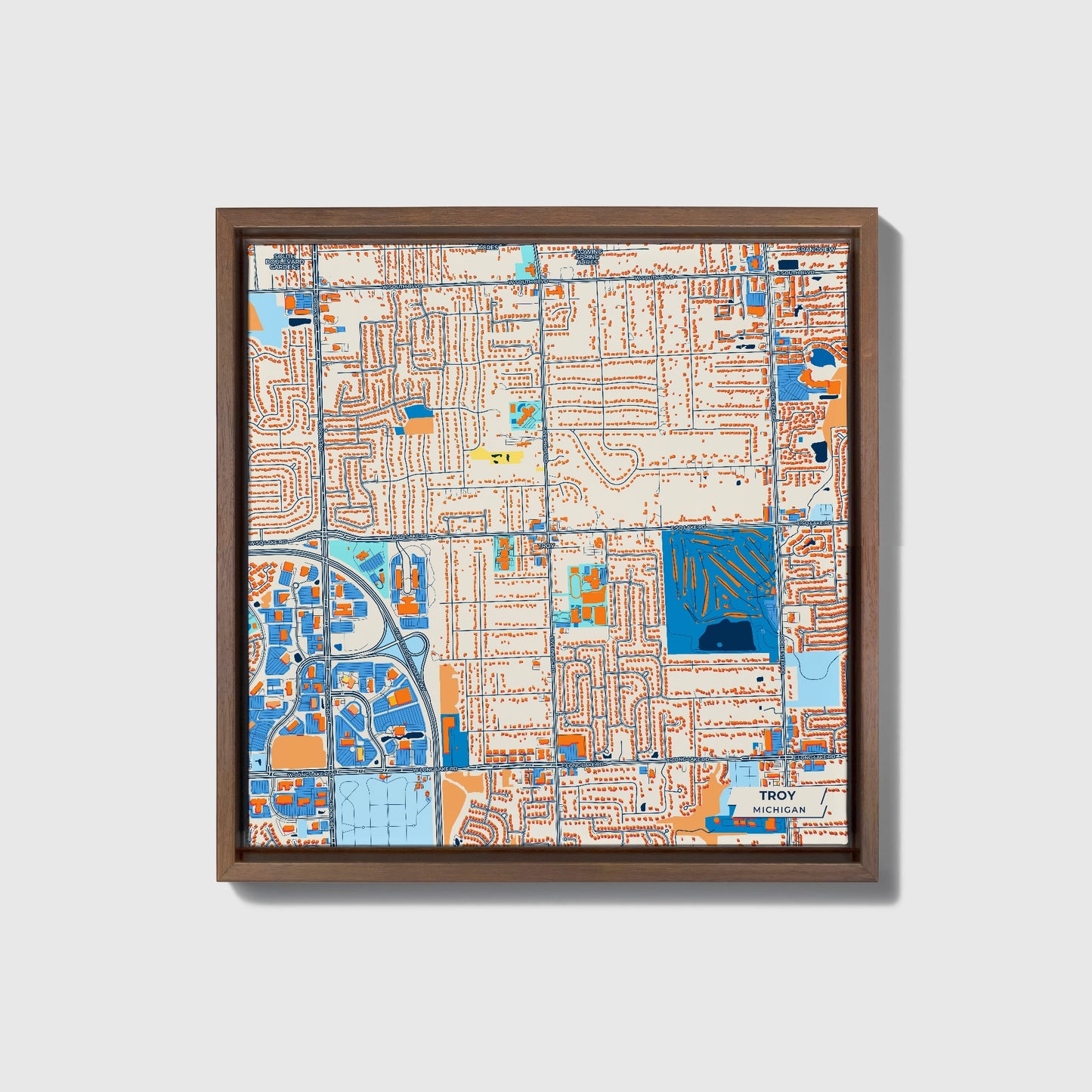 Troy Michigan Colorful City Map Canvas Print • Dark Wooden Framed
