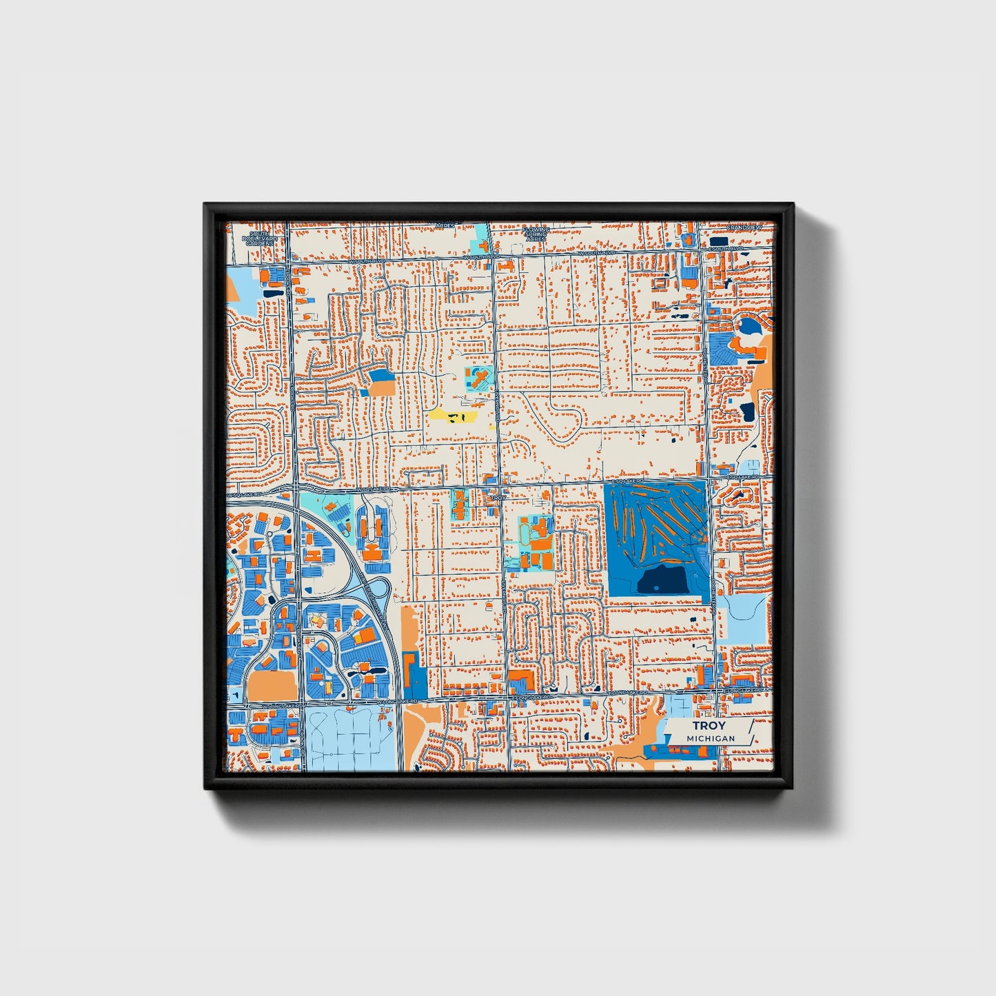 Troy Michigan Colorful City Map Canvas Print • Black Framed