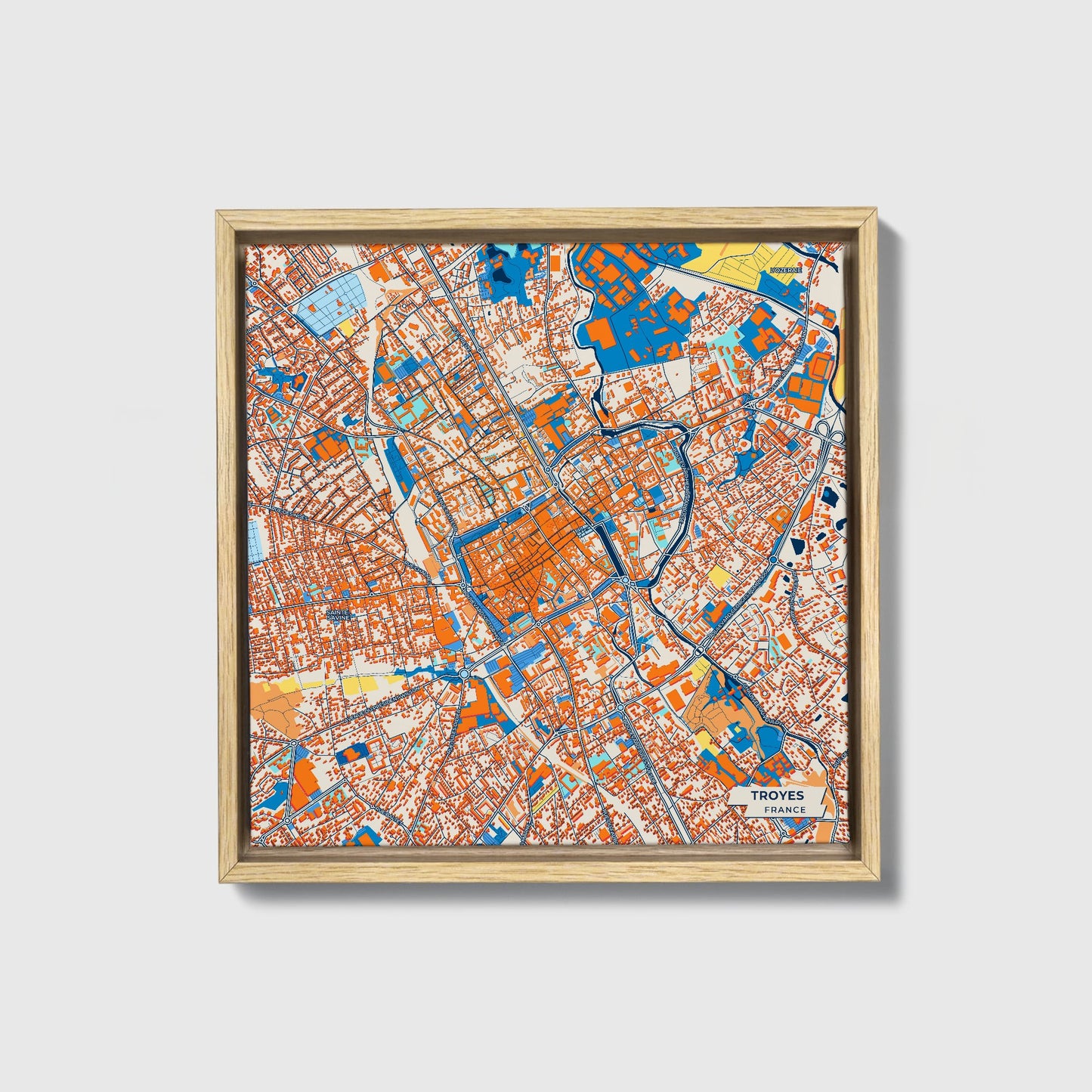 Troyes France Colorful City Map Canvas Print • Natural Wooden Framed