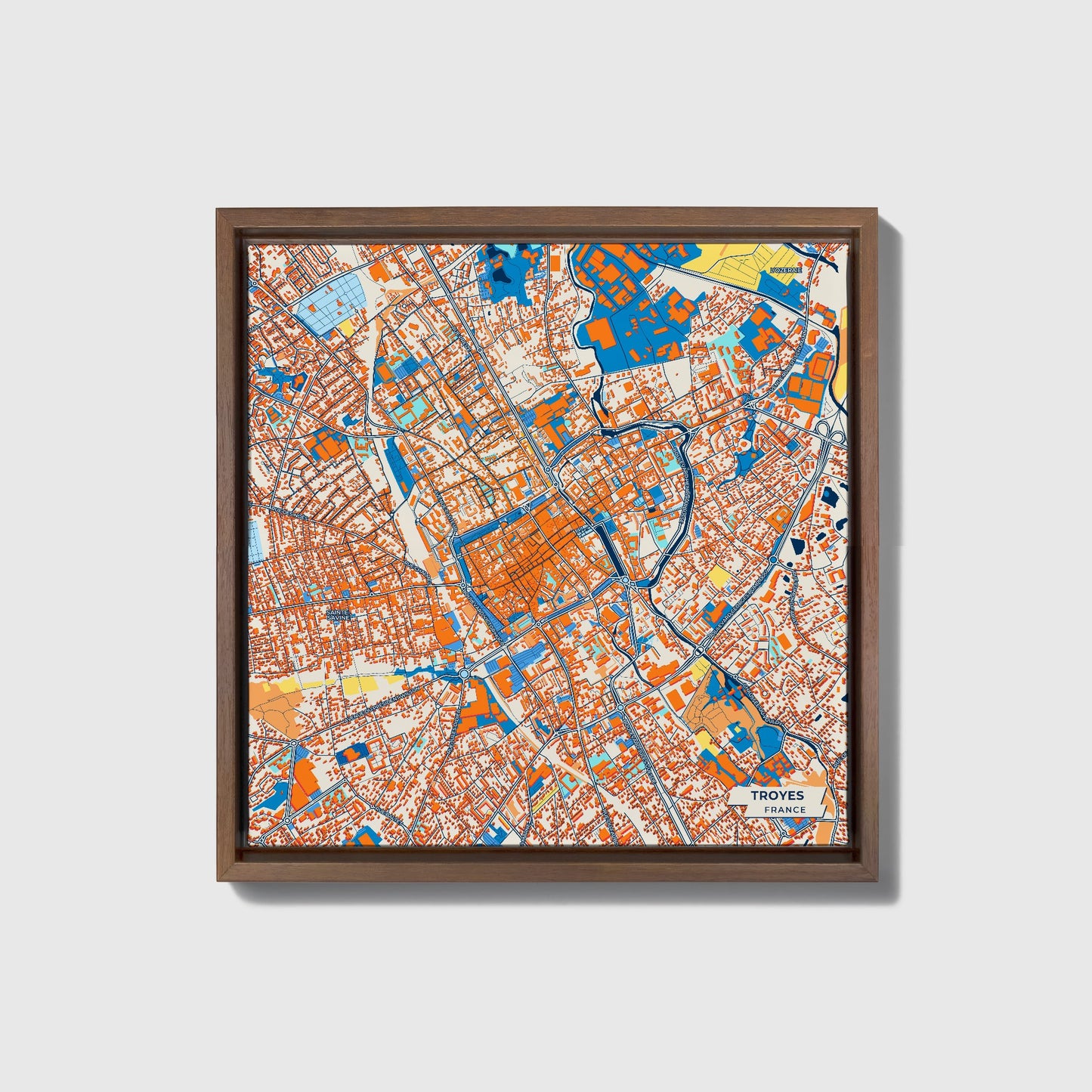 Troyes France Colorful City Map Canvas Print • Dark Wooden Framed