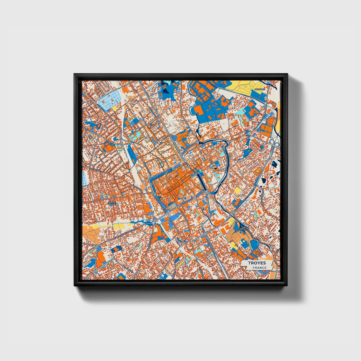 Troyes France Colorful City Map Canvas Print • Black Framed