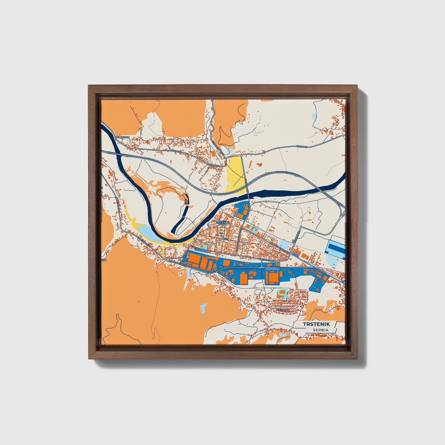 Трстеник Serbia Colorful City Map Canvas Print • Dark Wooden Framed