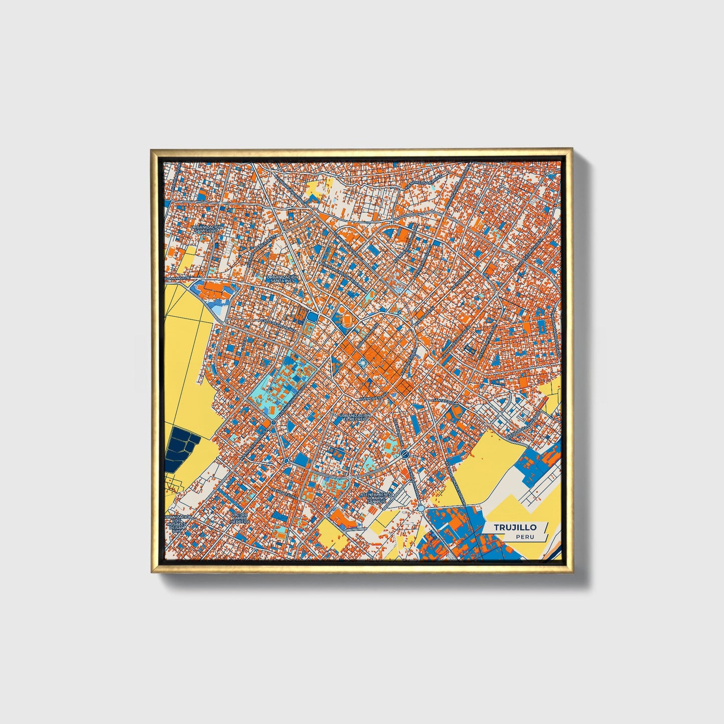 Trujillo Peru Colorful City Map Canvas Print • Gold Framed