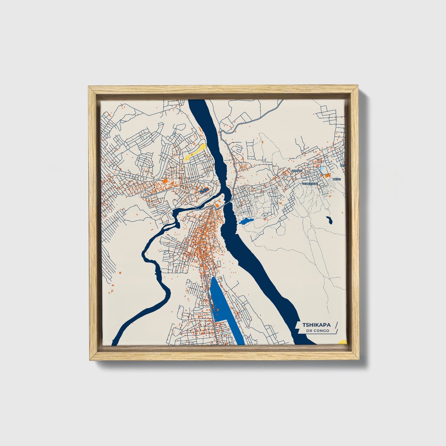 Tshikapa Dr Congo Colorful City Map Canvas Print • Natural Wooden Framed