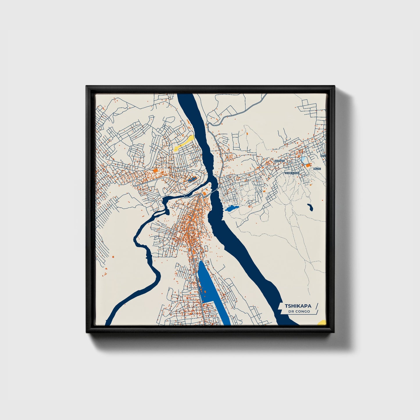 Tshikapa Dr Congo Colorful City Map Canvas Print • Black Framed