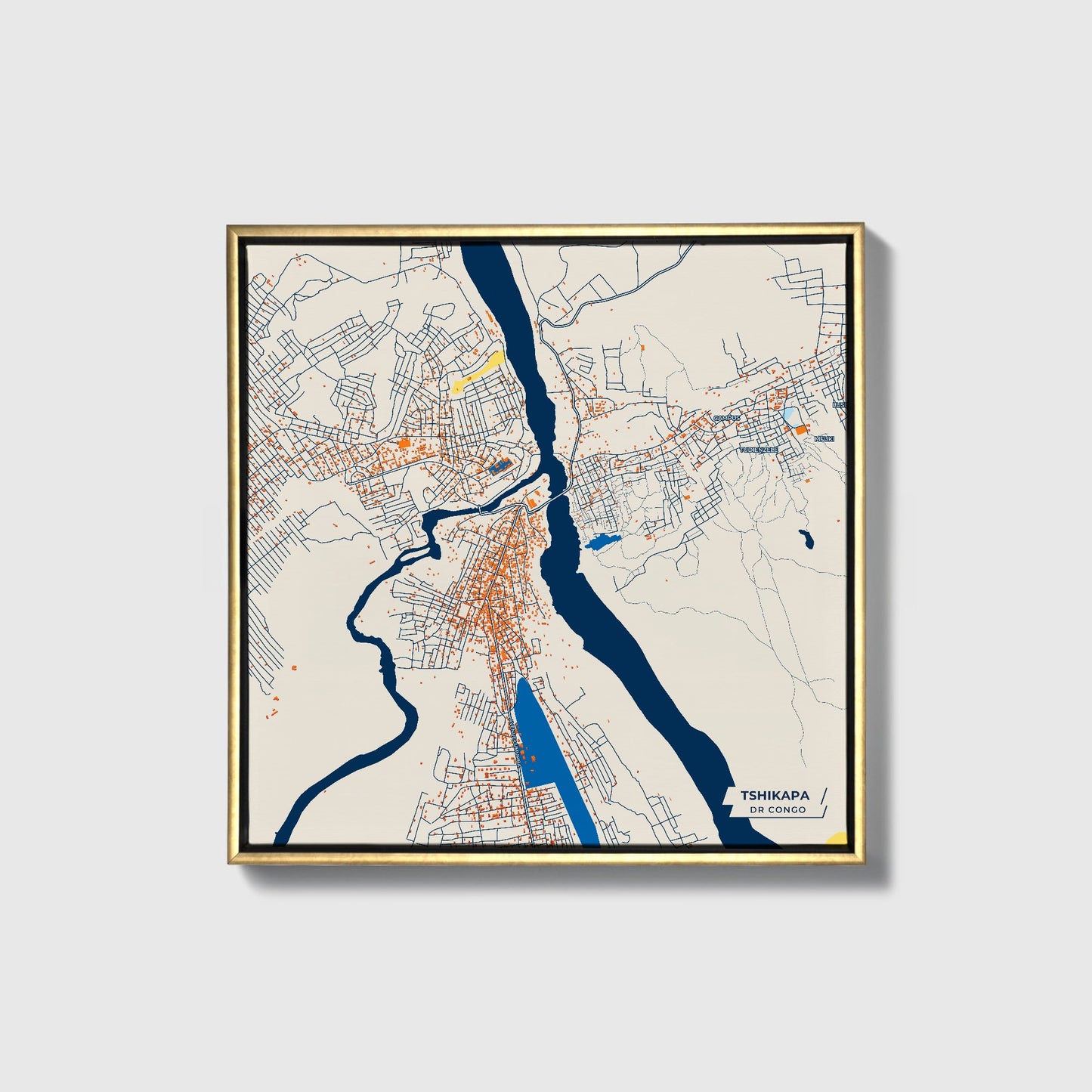 Tshikapa Dr Congo Colorful City Map Canvas Print • Gold Framed
