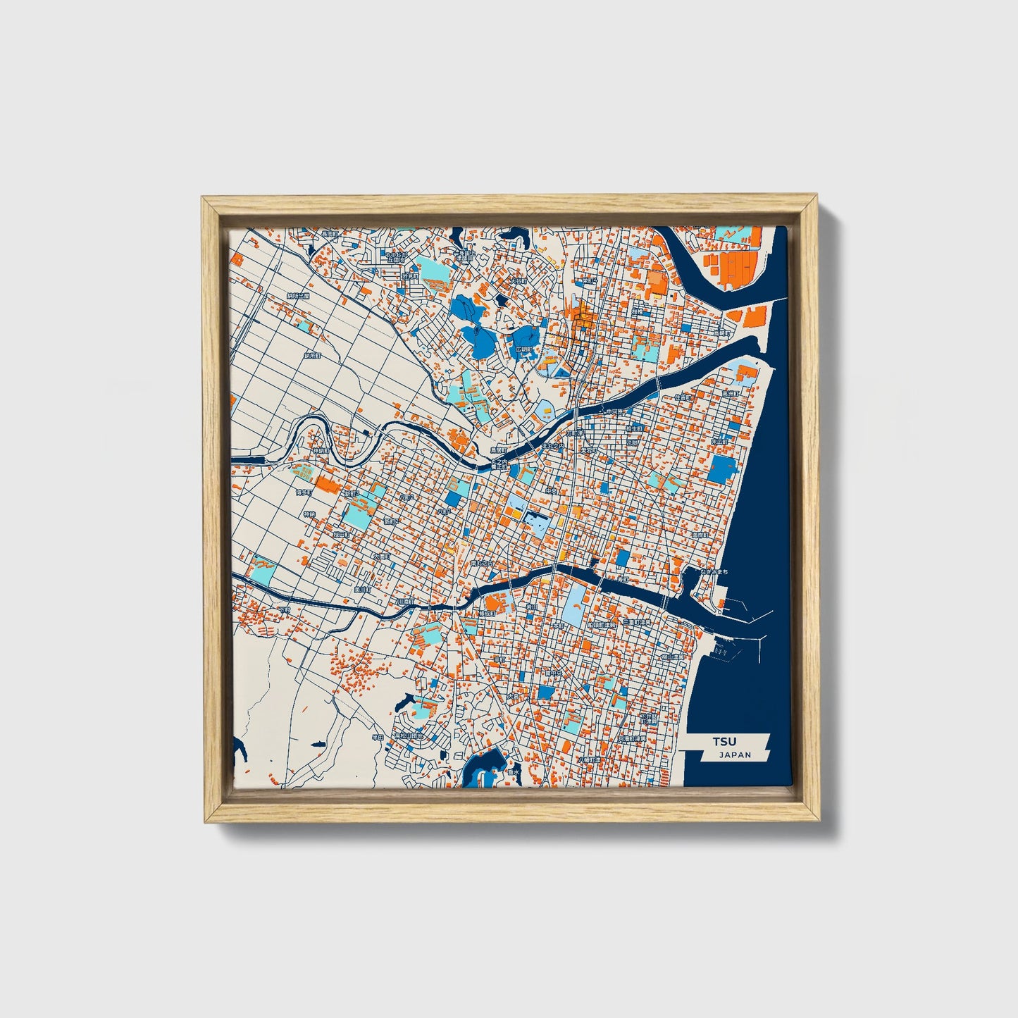 Tsu Japan Colorful City Map Canvas Print • Natural Wooden Framed