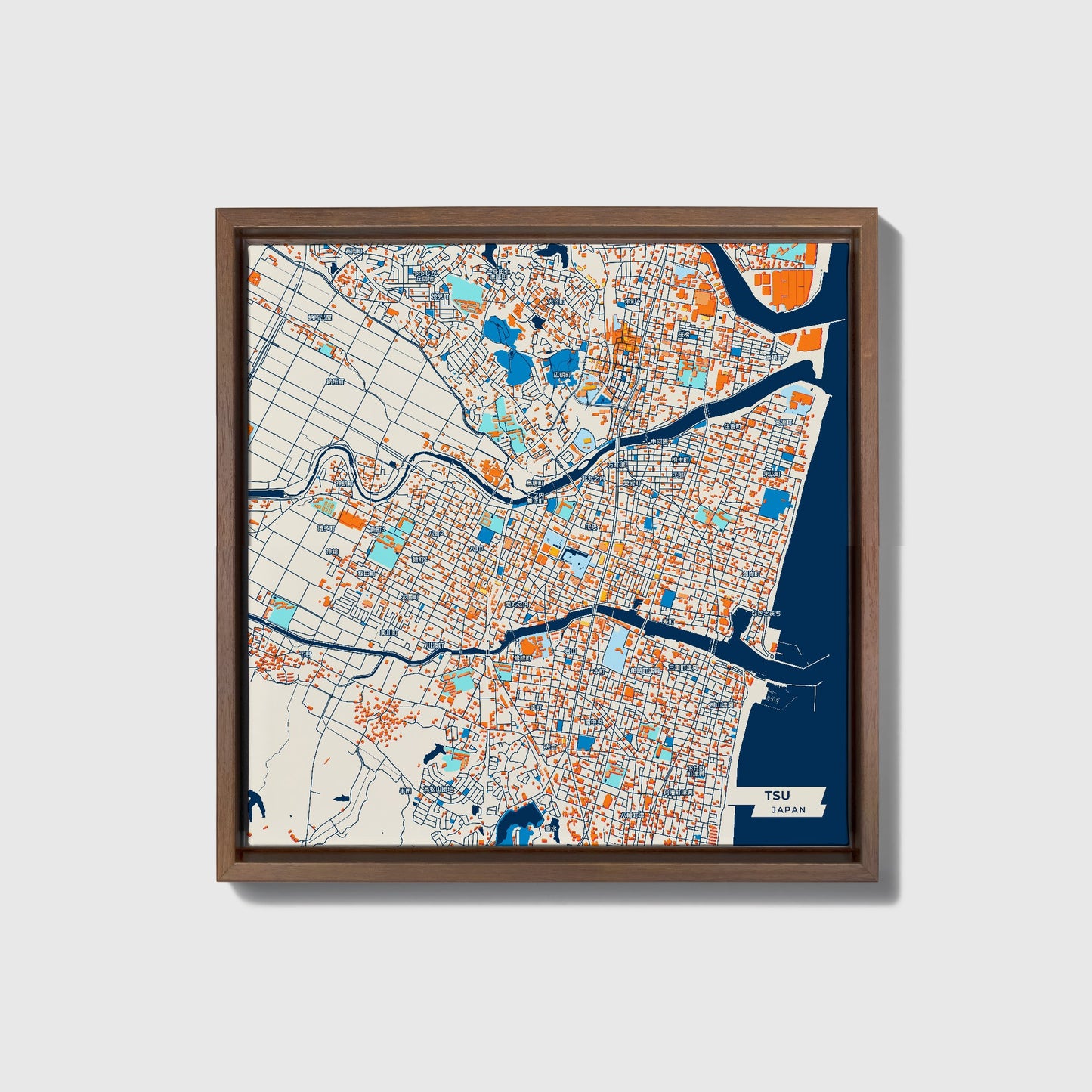 Tsu Japan Colorful City Map Canvas Print • Dark Wooden Framed