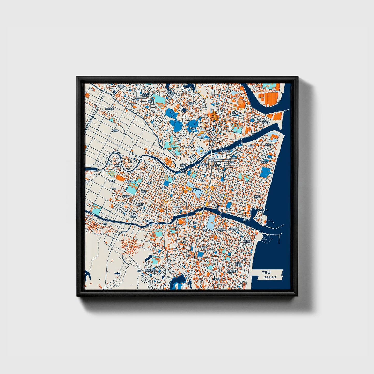 Tsu Japan Colorful City Map Canvas Print • Black Framed