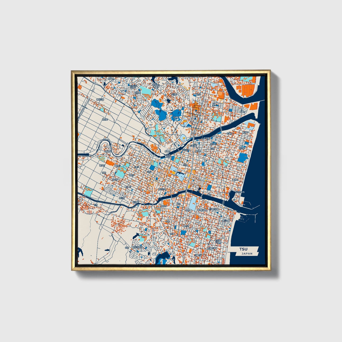 Tsu Japan Colorful City Map Canvas Print • Gold Framed